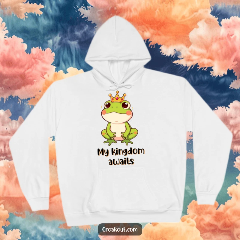 Funny hoodie design of a frog wearing a miniature crown, looking both dignified and slightly amused, embodying royal humor.