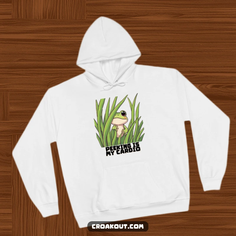 Funny frog hoodie with a curious character peeking from behind a large grass blade, offering warmth and a touch of whimsical humor.