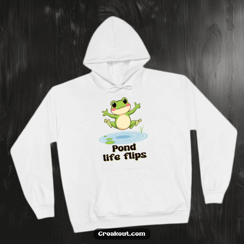Funny frog hoodie depicting a cheerful amphibian doing a cartwheel in a pond, a cozy and humorous active design.