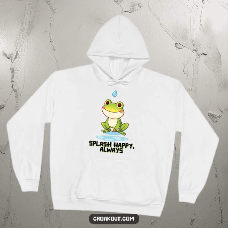 Funny and cozy hoodie featuring a kawaii frog with a goofy grin catching a raindrop, perfect for humorous comfort.