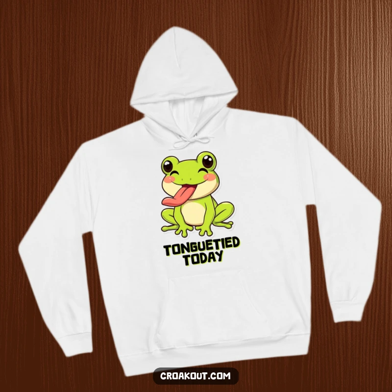 Funny Frog Hoodie: A happy frog character exuberantly sticking out its long tongue, offering warmth and playful charm.