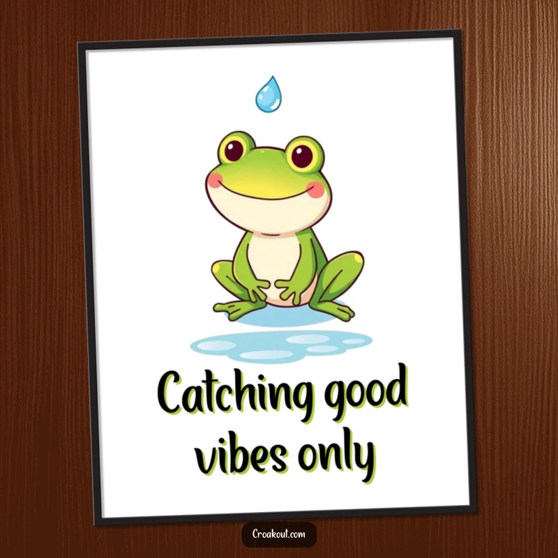 Funny Free Printable Wall Art: Goofy kawaii frog with a big grin catching a raindrop, charming and humorous downloadable decor.