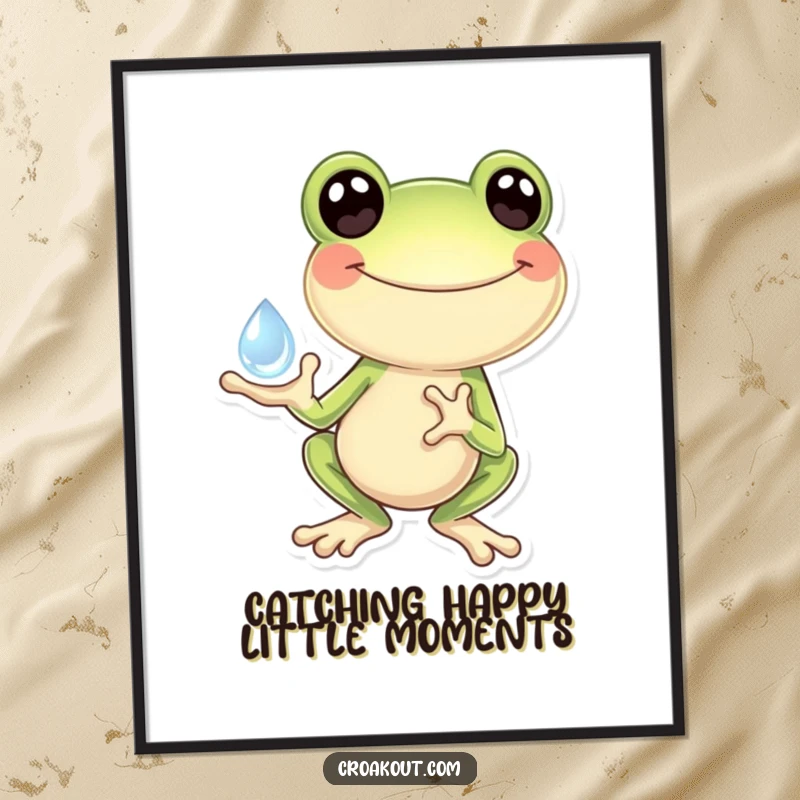Funny Free Printable Wall Art: A gleeful frog tenderly holding a large, sparkling dewdrop, radiating pure joy and adding a whimsical touch to decor.