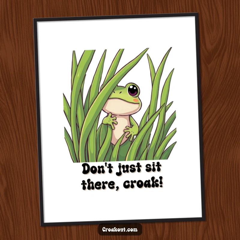 Funny Free Printable Frog Wall Art: Curious frog peeking from behind giant grass, a whimsical addition to any room.
