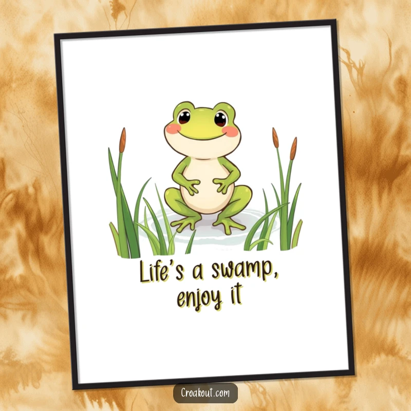 Funny Free Printable Frog Wall Art: Beaming frog wading through reeds with a wide grin, radiating happiness.