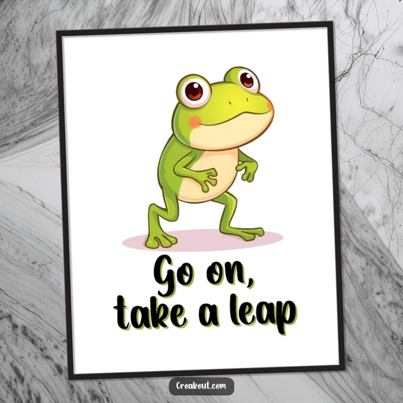 Funny Free Printable Frog Wall Art: Little frog with long legs doing a silly, exaggerated hop, adding humor to the room.