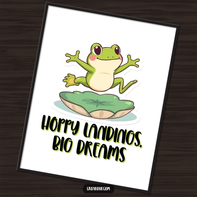 Funny Free Printable Wall Art depicting a playful green frog leaping energetically over a lily pad.