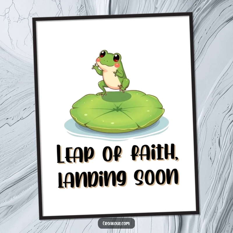 Funny Free Printable Wall Art: A tiny, cheerful frog character leaping with joy onto a large, green lily pad.