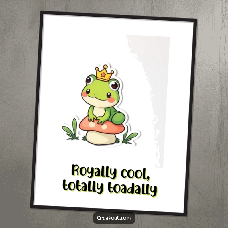 Funny Free Printable Wall Art of a frog wearing a small crown, sitting majestically on a mushroom.