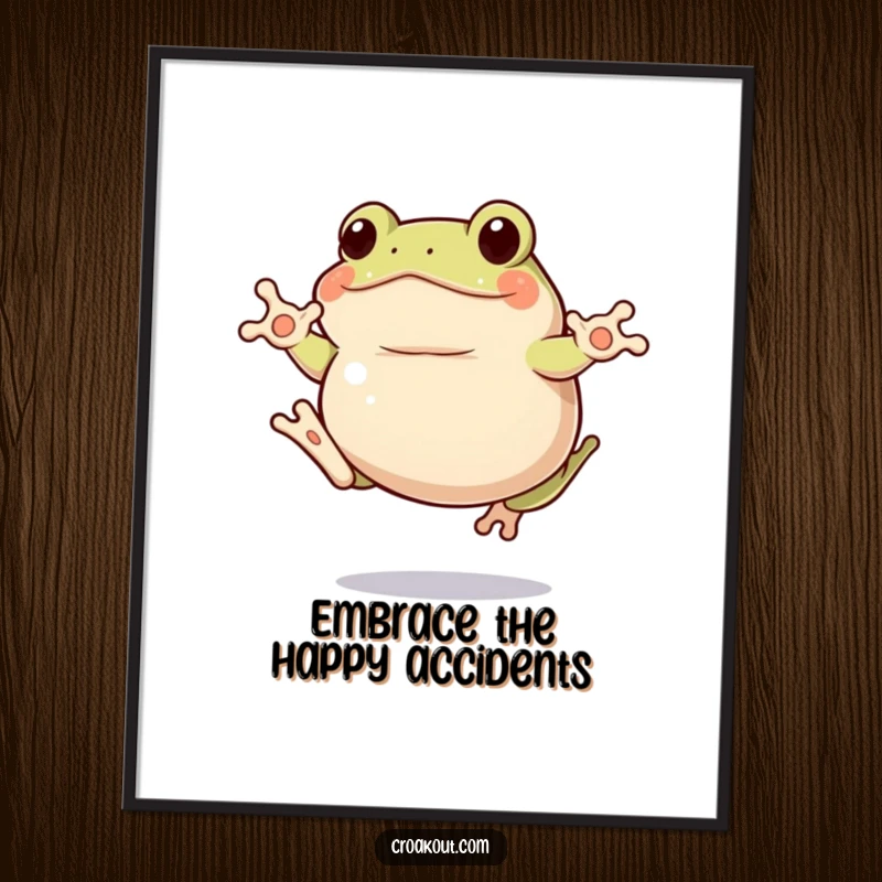 Funny Free Printable Wall Art: A plump frog performing a hilariously clumsy jump, full of comedic energy.