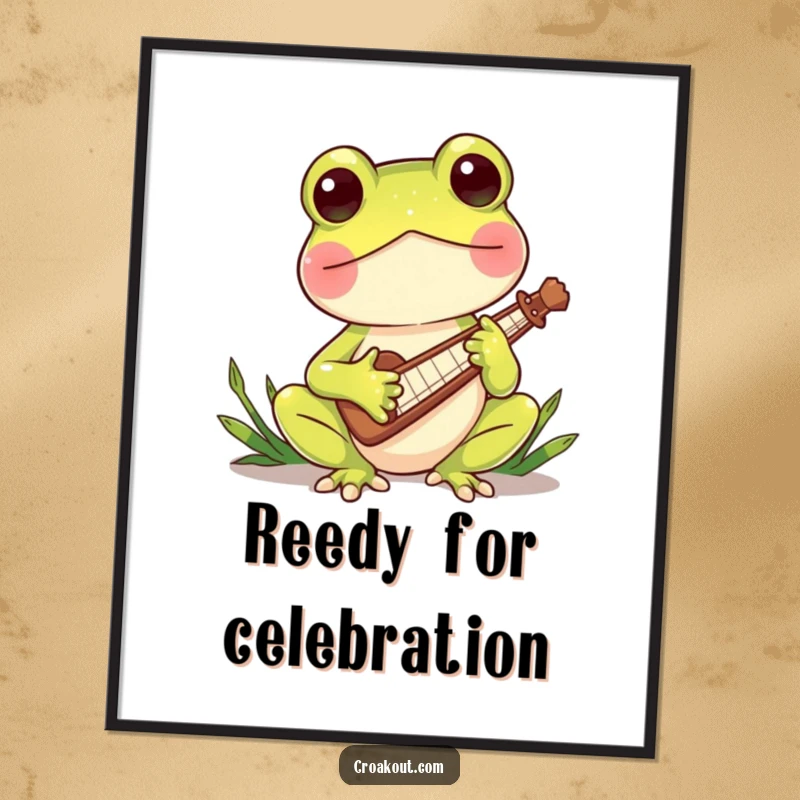Funny Free Printable Wall Art, charming frog character playing a miniature reed instrument with focused enjoyment, creating a charming scene.