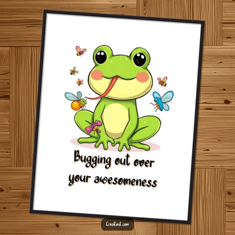 Funny Free Printable Wall Art: A goofy frog with a long tongue enthusiastically catching colorful bugs, bringing playful vibes to any room.