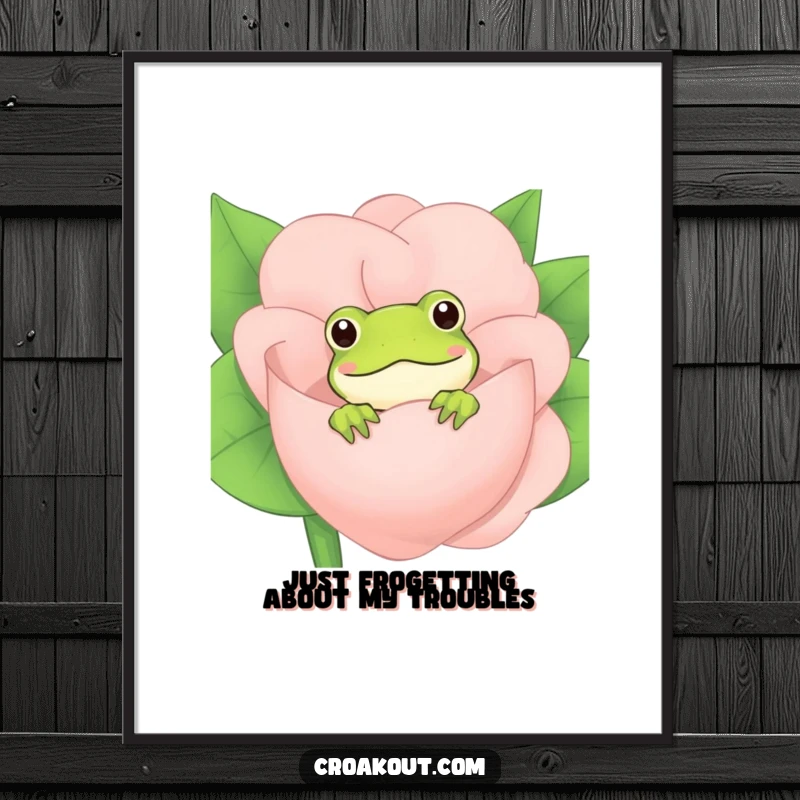 Funny Free Printable Wall Art: A cute frog peeking curiously from behind a vibrant, oversized flower blossom, bringing playful vibes to your decor.