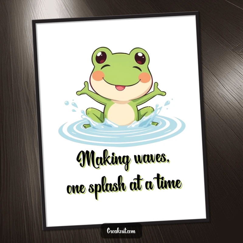 Funny Free Printable Wall Art: A happy frog joyfully splashing in shallow water, creating playful water sprays in a scene of pure, unadulterated fun.