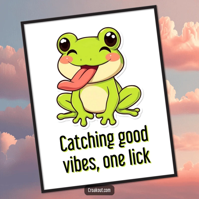 Funny Free Printable Wall Art: a happy frog with its long tongue sticking out, captured in a moment of pure, silly joy.