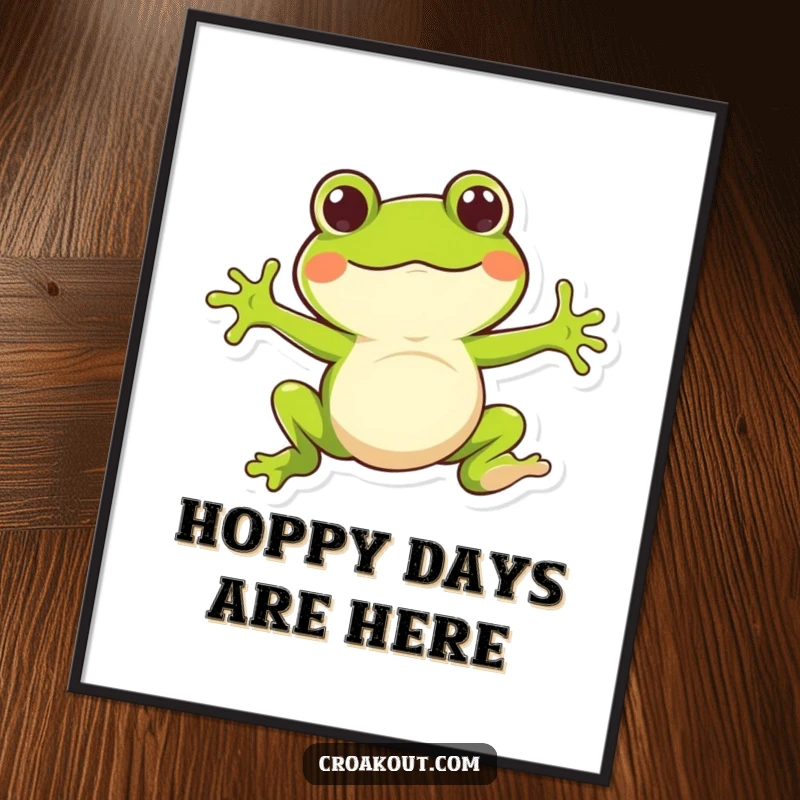 Funny Free Printable Wall Art, whimsical frog character captured in a high, bouncy jump, full of life and amusement.