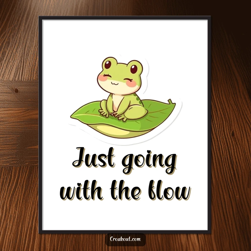 Funny Free Printable Wall Art: Cute kawaii frog winking while riding a leaf, whimsical and humorous downloadable decor.