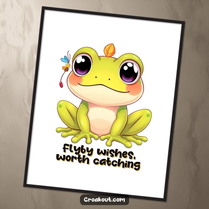 Funny Free Printable Wall Art: A kawaii frog with wide eyes trying to catch a falling fly, charmingly focused.