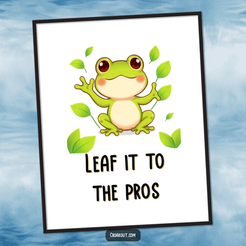 Funny Free Printable Wall Art of a super cute Kawaii frog joyfully juggling several bright green leaves.