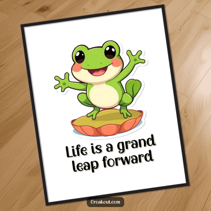Funny Free Printable Wall Art: A happy frog character doing a joyful leap on a lily pad, full of life.
