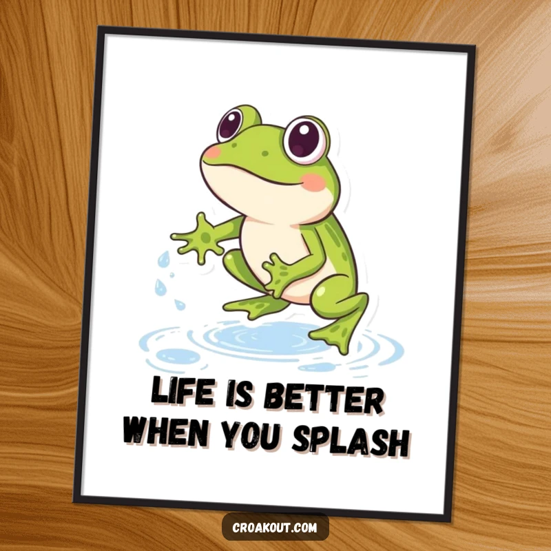 Funny Free Printable Wall Art: A vibrant frog captured mid-leap, playfully jumping over tiny, sparkling water droplets in a dynamic, cheerful scene.