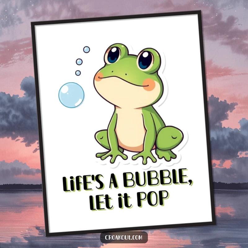 Funny free printable wall art showing a frog looking utterly shocked as a small bubble pops nearby. Instant download decor.