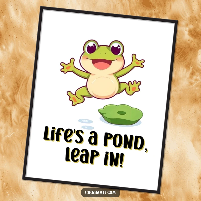 Funny Free Printable Wall Art: A happy frog in mid-air, energetically jumping over a glistening lily pad.