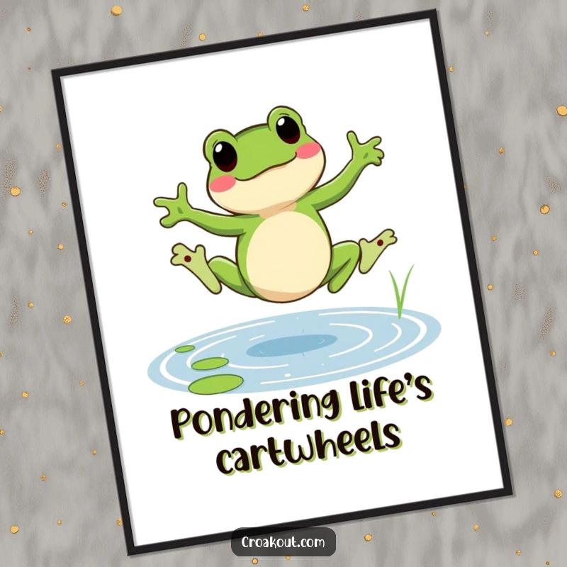 Funny Free Printable Wall Art showcasing a happy frog doing a cartwheel in a pond with water splashing.