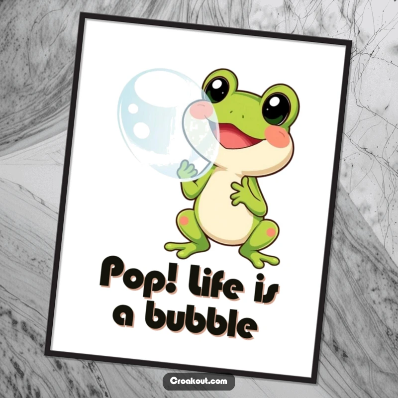 Funny Free Printable Wall Art: A cheerful frog character happily blowing a giant, shimmering bubble, bringing smiles.