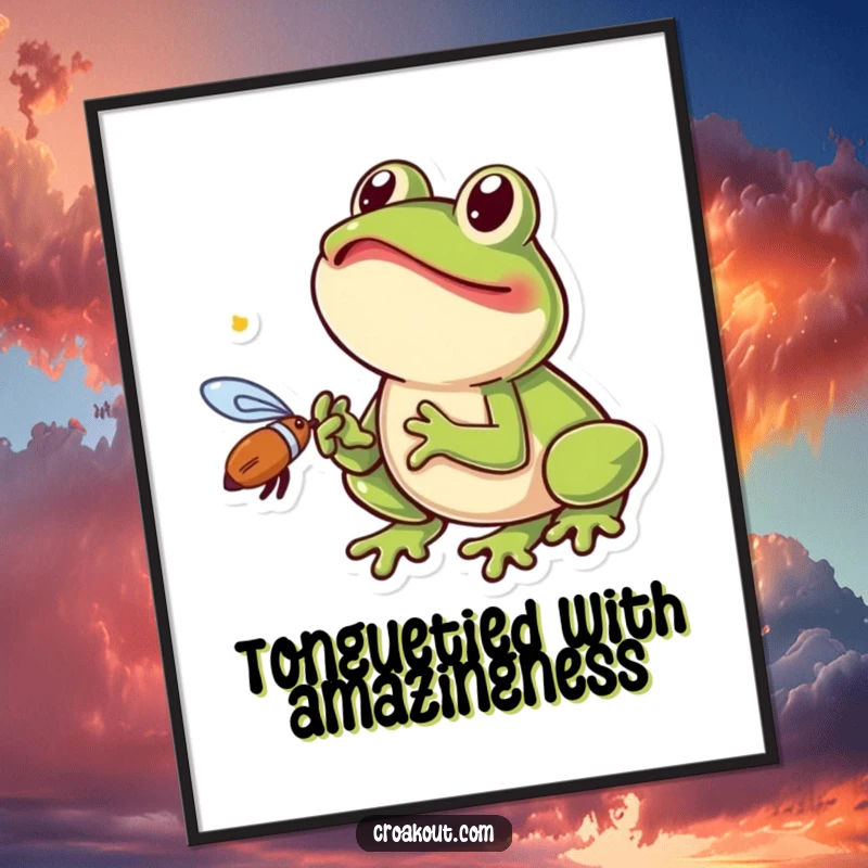 Funny Free Printable Wall Art of a small frog with its tongue out, catching a fly in a humorous moment.