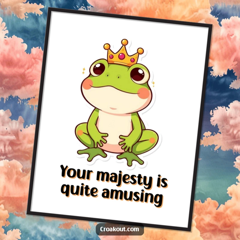 Funny Free Printable Wall Art: A frog wearing a tiny, slightly askew crown looks regally amused, adding quirky charm to decor.