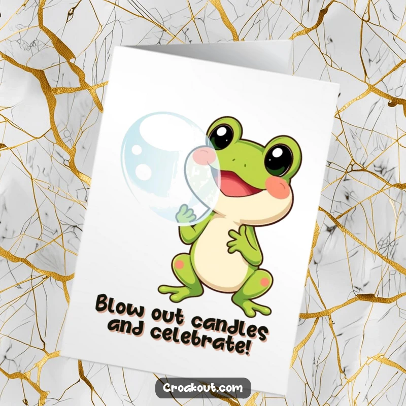 Funny Free Printable Birthday Card: A cheerful frog happily blowing a giant, iridescent bubble for a birthday wish.
