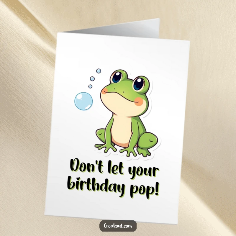 Funny free printable birthday card showing a frog looking shocked as a bubble pops. Hilarious and quick DIY digital download.