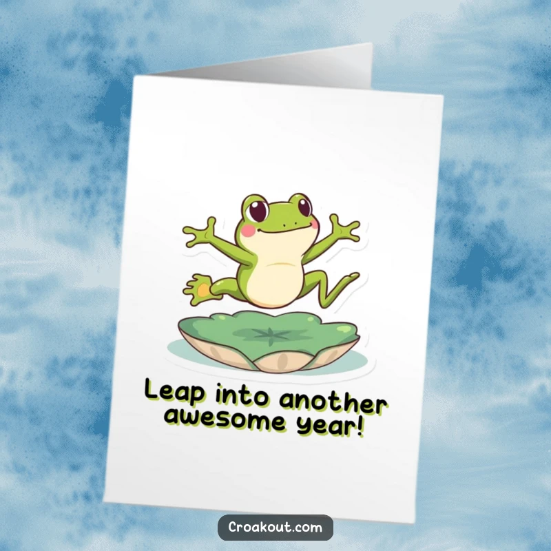Funny Free Printable Birthday Card featuring a green frog leaping energetically over a lily pad in celebration.