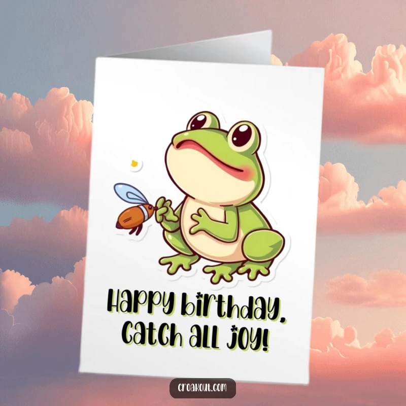 Funny Free Printable Birthday Card showing a small frog excitedly catching a fly with its long tongue mid-air.