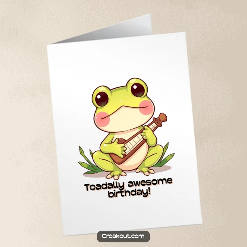 Funny Free Printable Birthday Card, charming frog playing a miniature reed instrument, serenading birthday wishes with a musical tune.