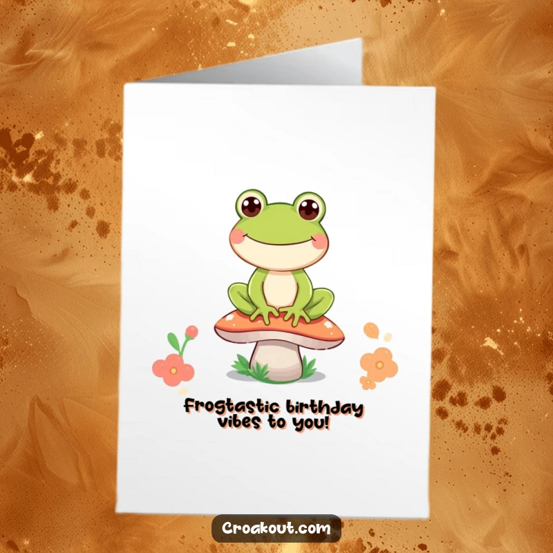 Funny Free Printable Birthday Card featuring a happy frog character grinning widely while sitting on a mushroom.