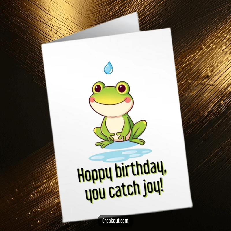 Funny Free Printable Birthday Card: Goofy kawaii frog with a big grin catching a single raindrop, a unique downloadable gift.