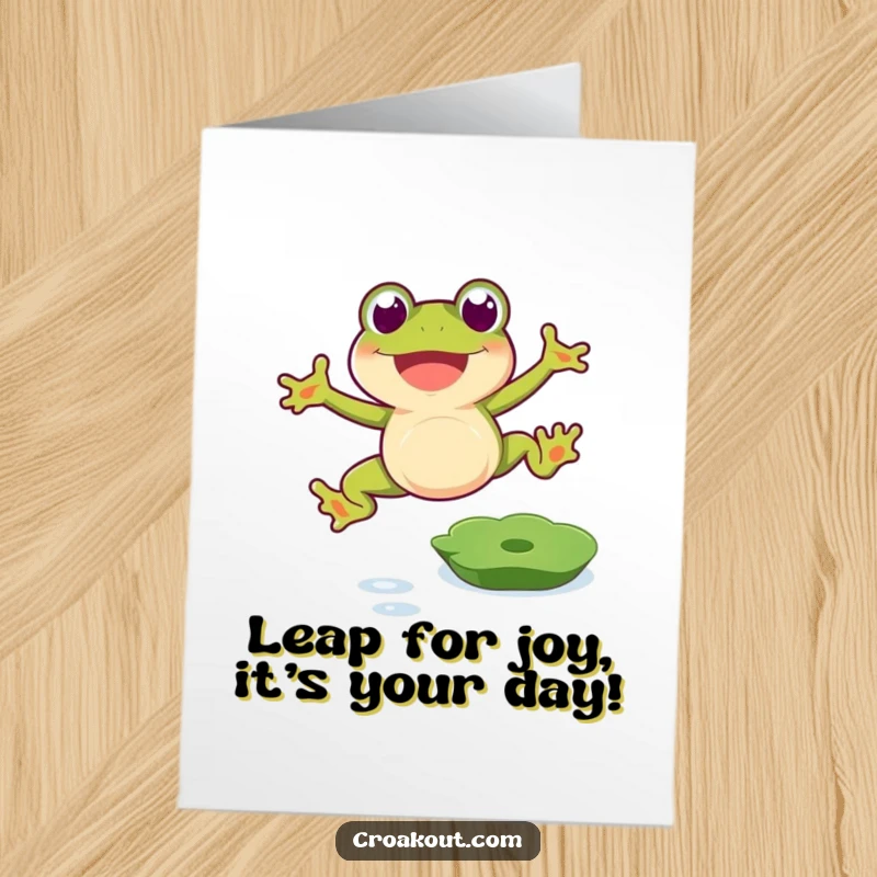Funny Free Printable Birthday Card: Excited frog making a big leap over a lily pad, celebrating with joy.