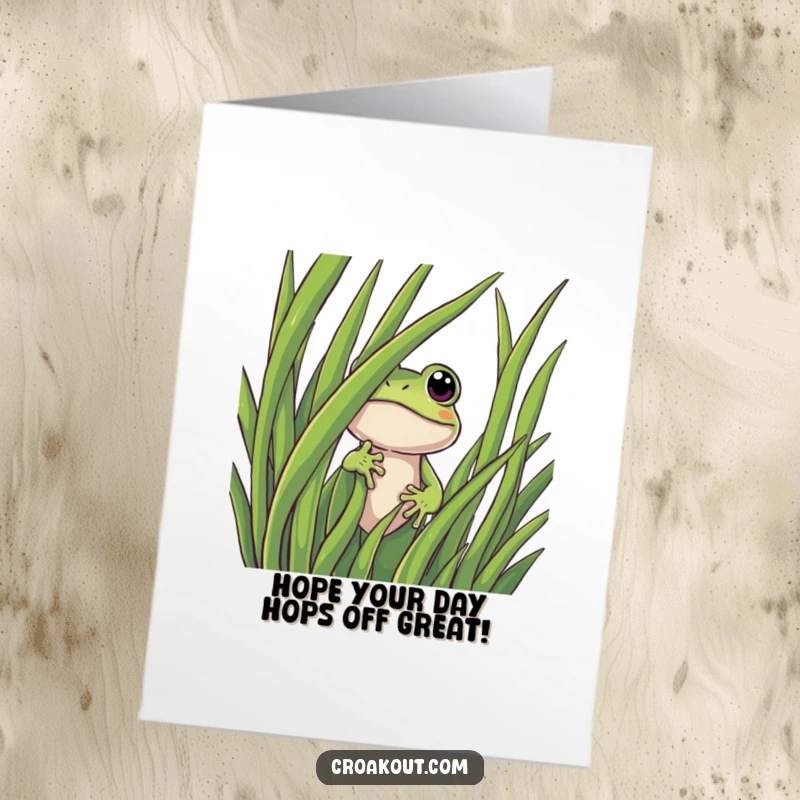 Funny Free Printable Frog Birthday Card: Curious frog peeking from behind giant grass, ready to deliver birthday wishes.