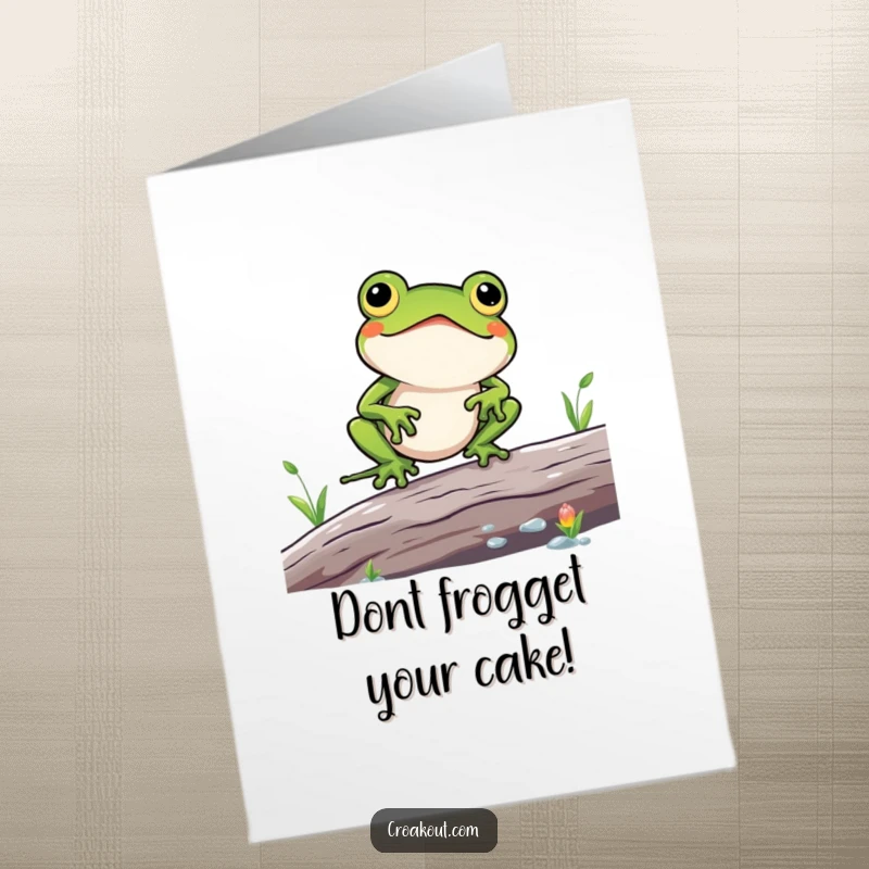 Funny Free Printable Birthday Card: a kawaii frog comically struggles to balance on a wobbly log, printable for laughs.