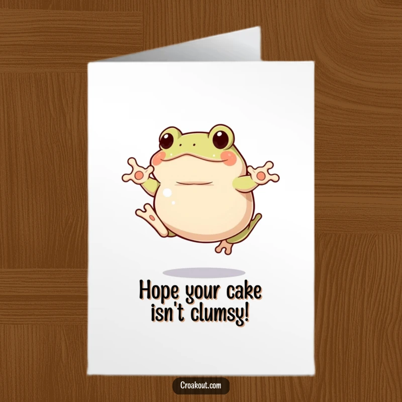 Funny Free Printable Birthday Card: A plump frog doing a hilariously clumsy jump, mid-air with a goofy expression.