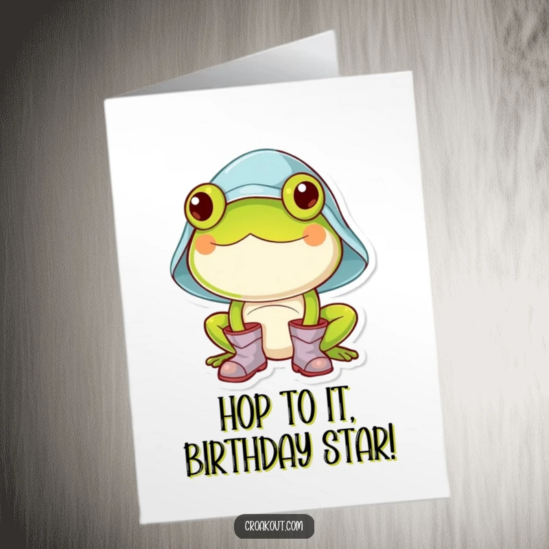 Funny Free Printable Birthday Card featuring a cheerful frog in a tiny rain hat and boots, ready to celebrate.