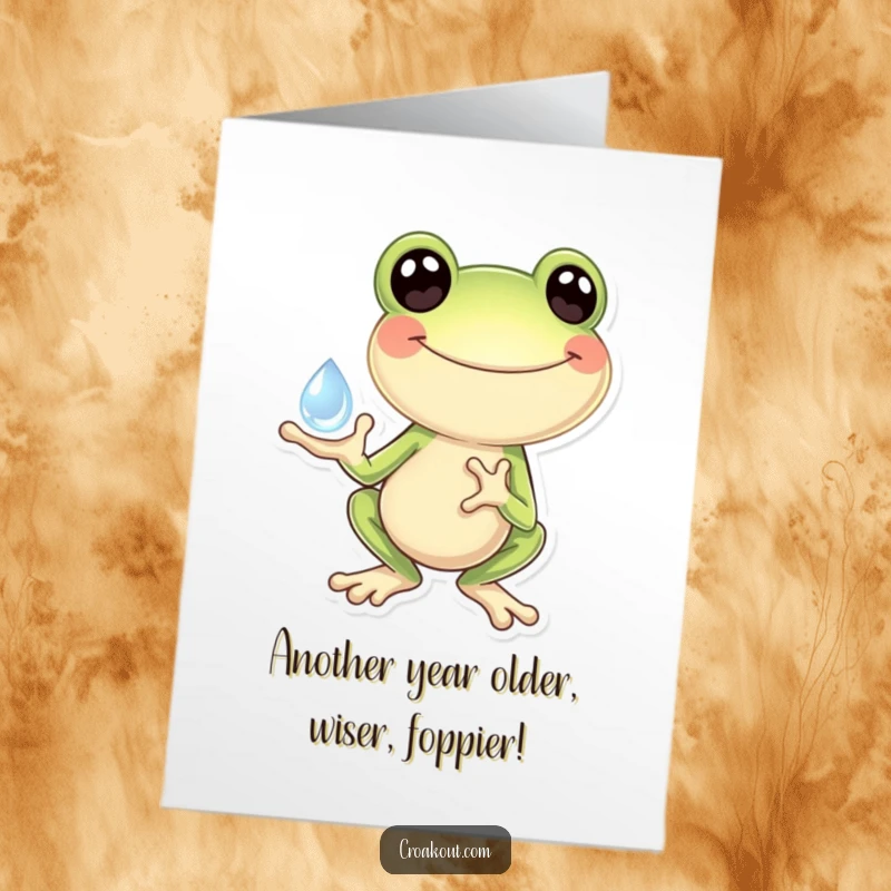 Funny Free Printable Birthday Card: A gleeful frog tenderly holding a large, sparkling dewdrop, radiating happiness and celebrating a special day.