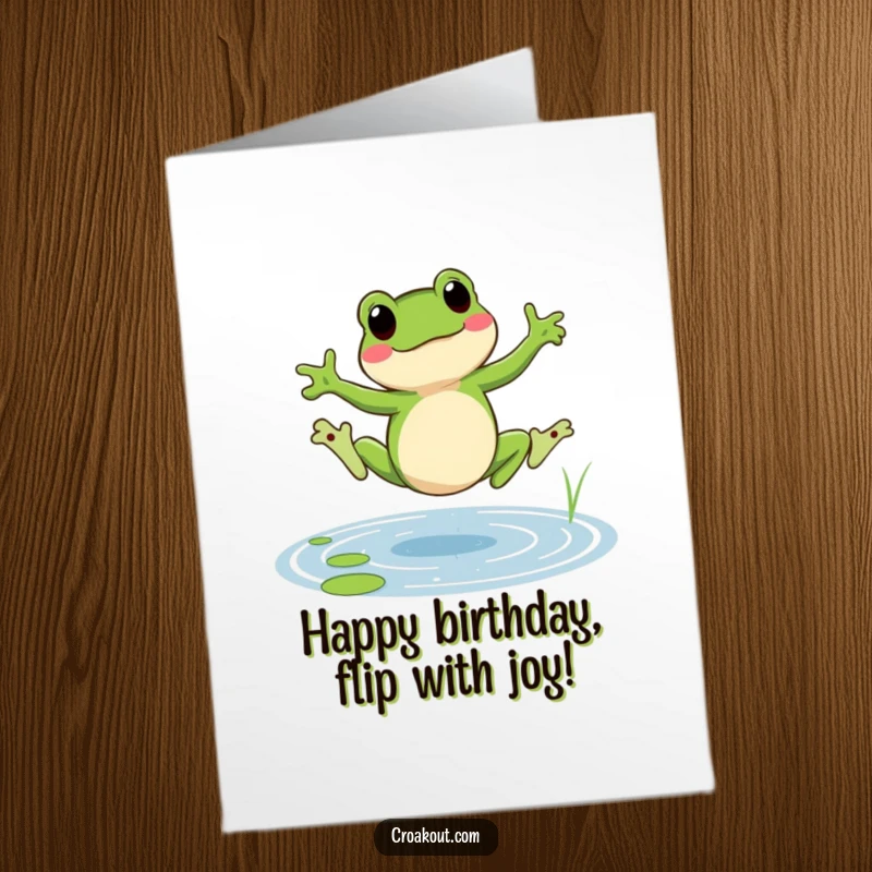Funny Free Printable Birthday Card showing a frog doing a cheerful cartwheel in a pond with splashes.