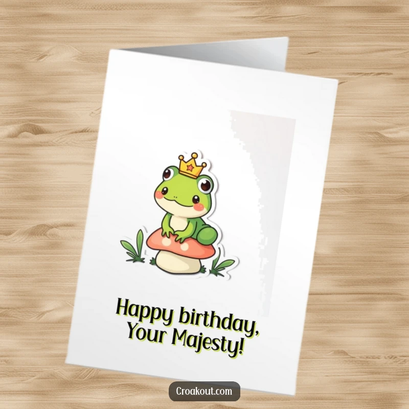 Funny Free Printable Birthday Card featuring a frog king wearing a tiny crown, sitting regally on a mushroom.