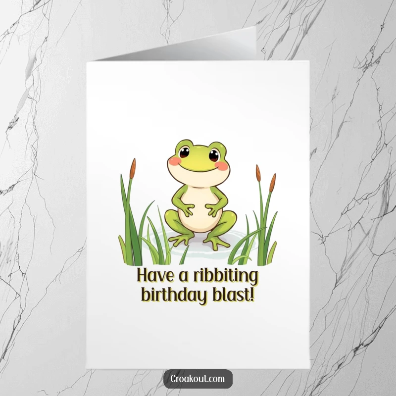 Funny Free Printable Frog Birthday Card: Beaming frog wading through reeds with a huge grin, celebrating joyfully.