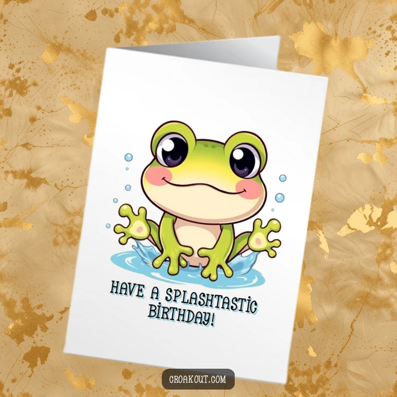 Funny Free Printable Birthday Card: A cheerful frog character with wide eyes creating a spectacular splash.