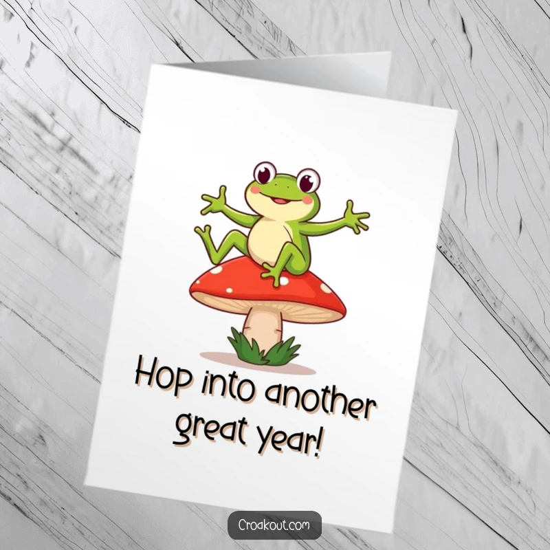 Funny free printable birthday card of a frog dancing wildly on a wobbly mushroom. Hilarious and unique DIY gift.