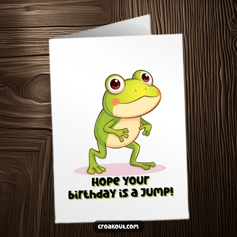 Funny Free Printable Frog Birthday Card: Little frog with long legs attempting a silly, wobbly hop, full of birthday energy.